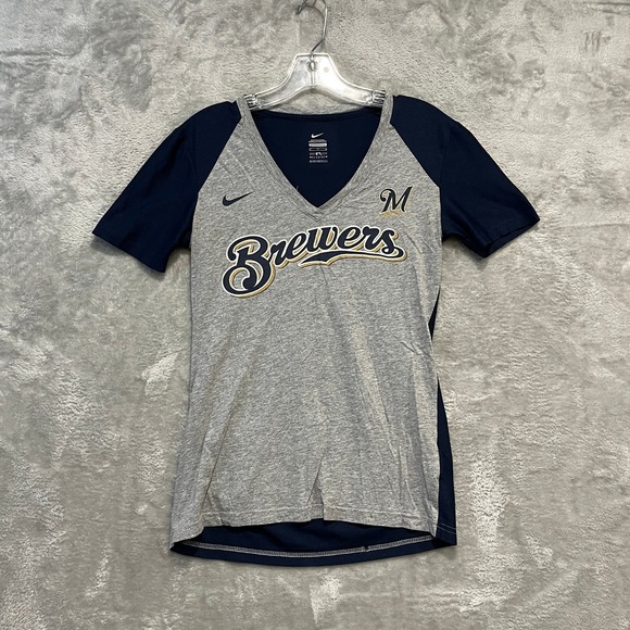 Nike Tops - Nike T-Shirt Women M Gray Navy Milwaukee Brewers MLB V-Neck Raglan Tee 2399